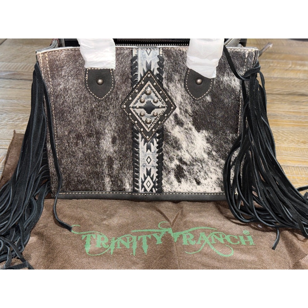 Trinity Ranch Tote Bag Women OS Black NWT Fringe Hair-on Hide Western Studded